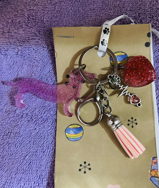Pink Dachshund with Coral Tassel Keychain/Bag Charm