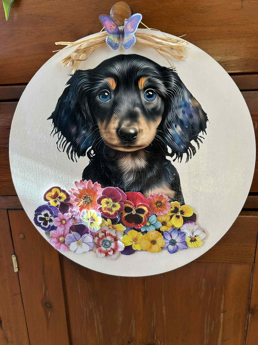 Dachshund Puppy & Pansies Wooden Picture