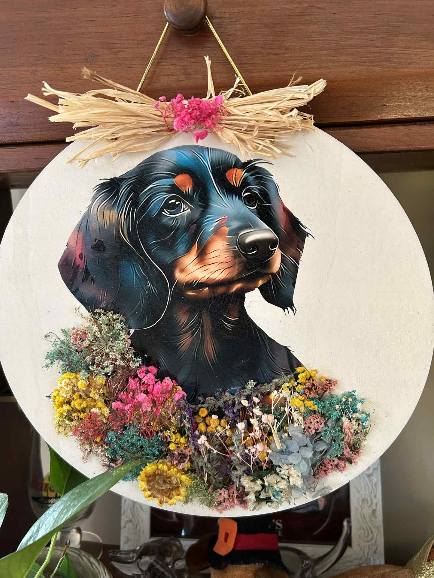Dachshund & Dried Flowers Wall Hangar